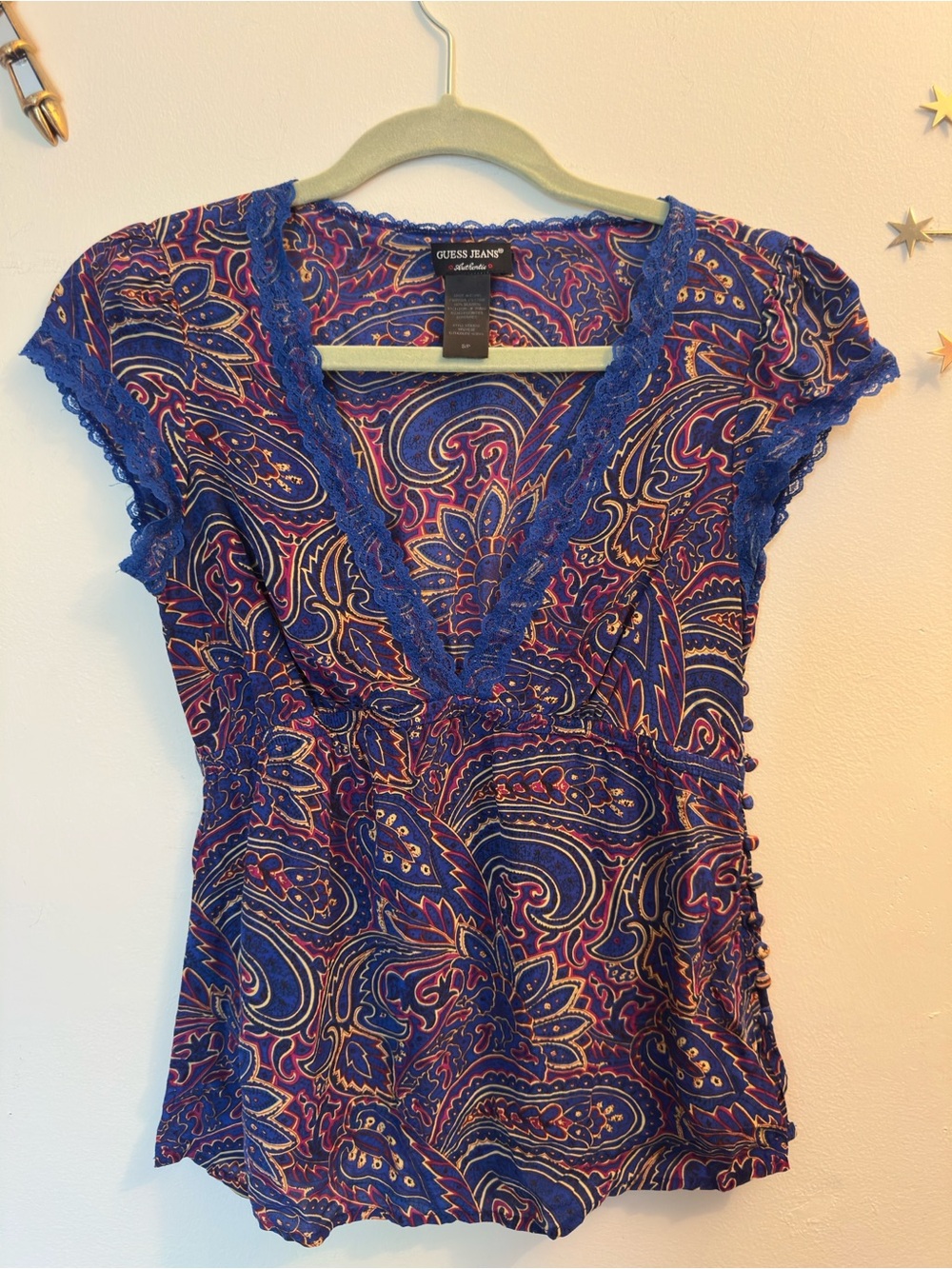 Vintage Guess Blue Paisley Lace-Trim V-Neck Short Sleeve Top